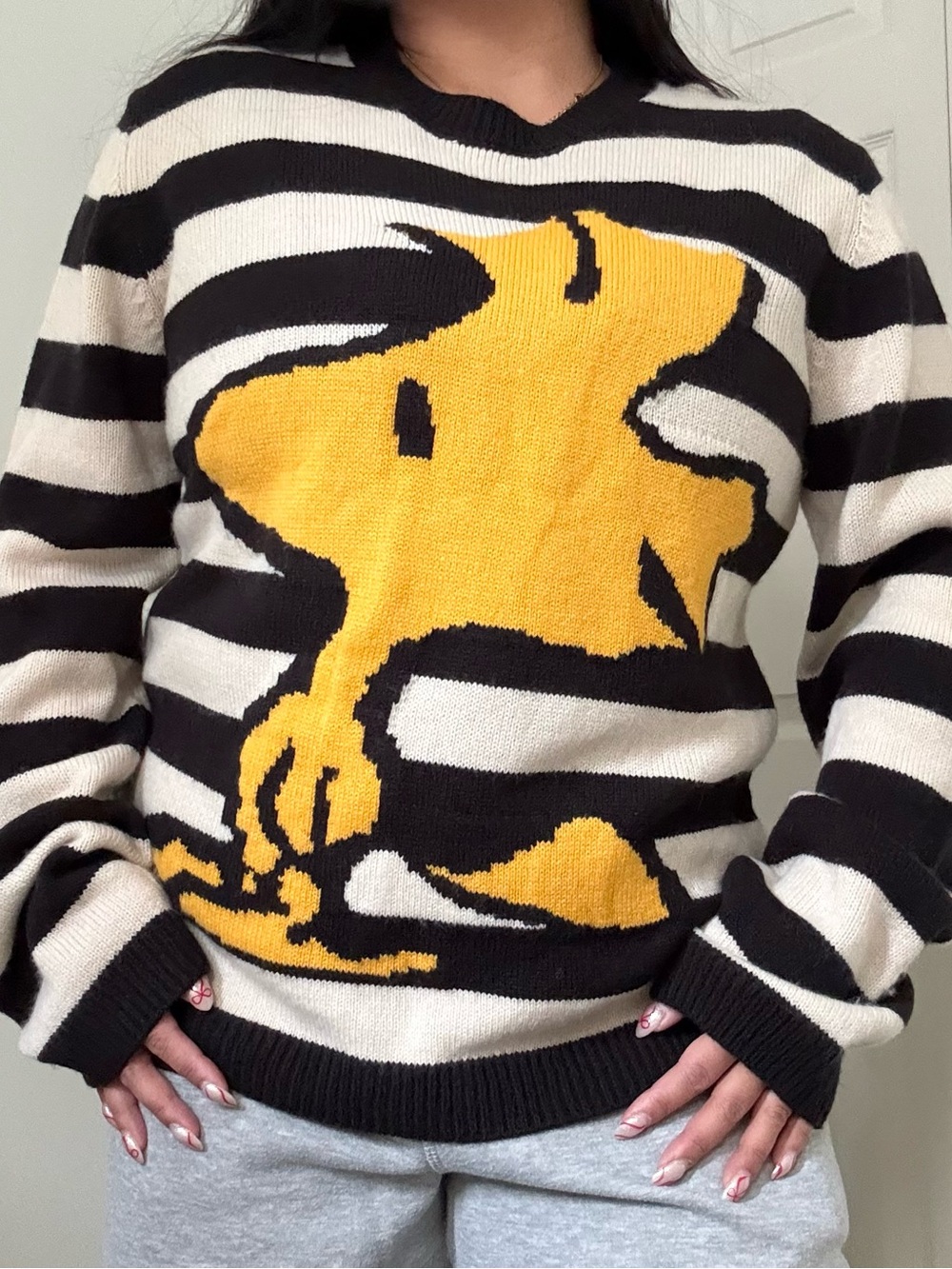 Peanuts Snoopy Woodstock Black & Cream Striped Sweater with Yellow Graphic